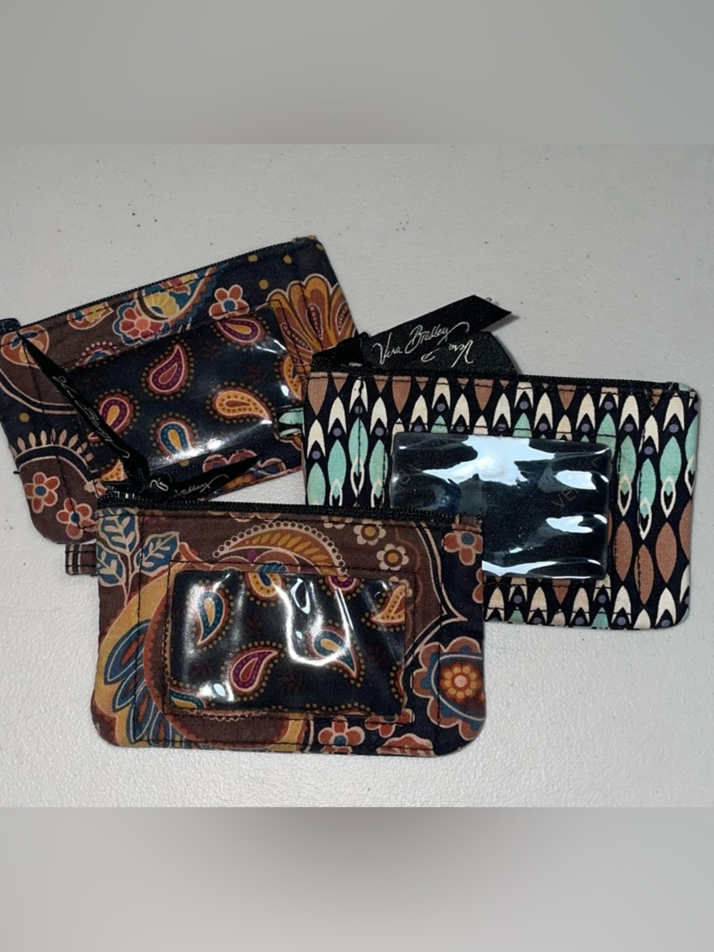3 Vera Bradley ID keepers Brown, Black & Teal Paisley and Geometric